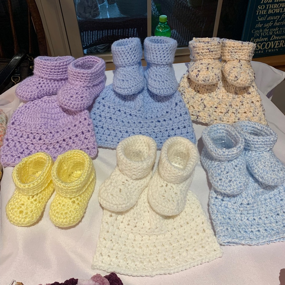 Handmade baby booties with matching hats these are sold at $20 a set